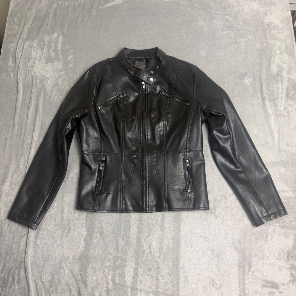 Frida G London Jacket Womens XL Black Faux Leather Moto Biker Zip Up W946181AA